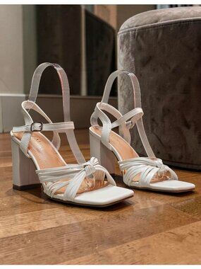 Strappy White Block Heel Sandals With Adjustable Ankle Strap & Knot Detail For W